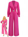 Rose Pink 1960s Deep V Belted Lantern Sleeve Solid Jumpsuit - vintage jumpsuit, retro fashion