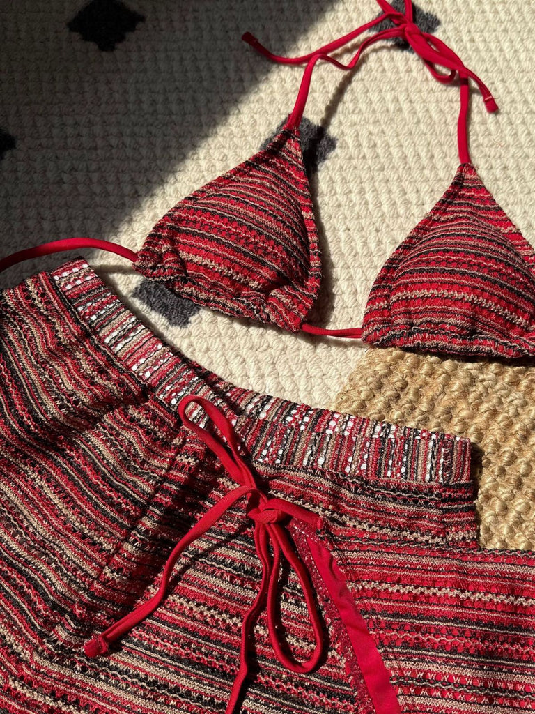 1960s Knitted Striped Halter Triangle Bikini Set - vintage fashion, retro style