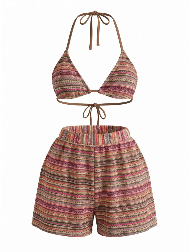 1960s Knitted Striped Halter Triangle Bikini Set - vintage fashion, retro style