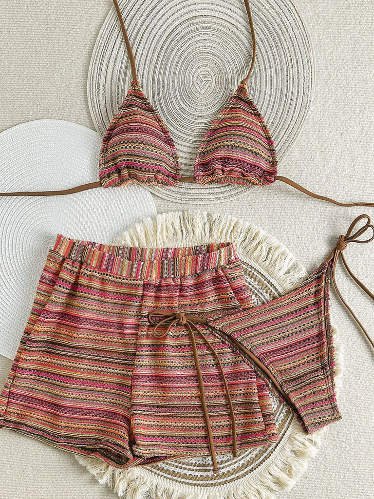 1960s Knitted Striped Halter Triangle Bikini Set - vintage fashion, retro style