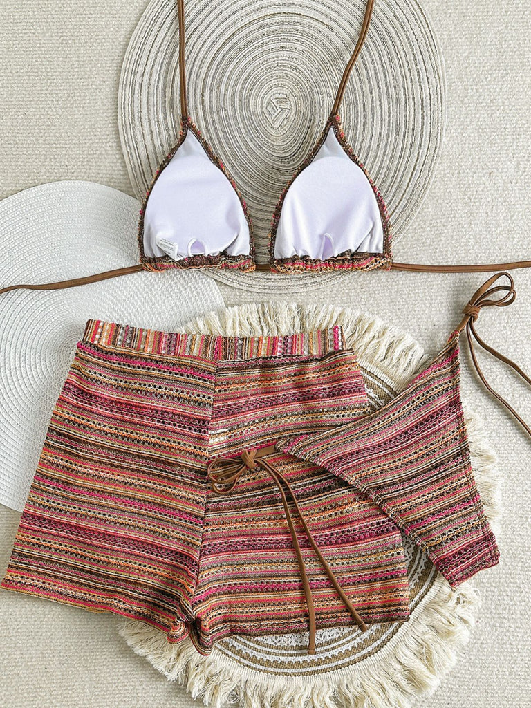 1960s Knitted Striped Halter Triangle Bikini Set - vintage fashion, retro style