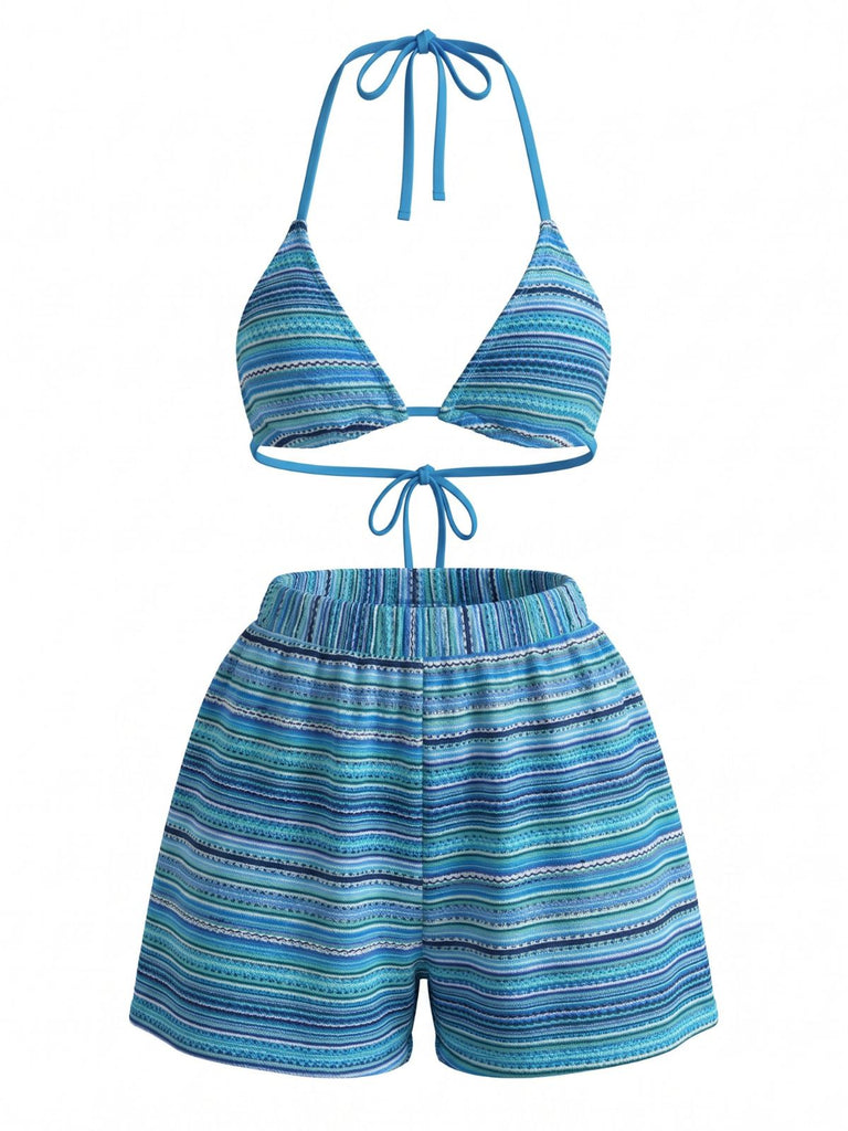 1960s Knitted Striped Halter Triangle Bikini Set - vintage fashion, retro style