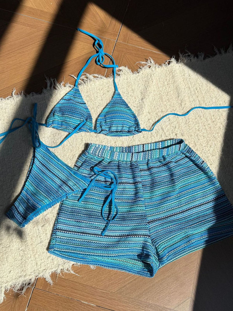 1960s Knitted Striped Halter Triangle Bikini Set - vintage fashion, retro style