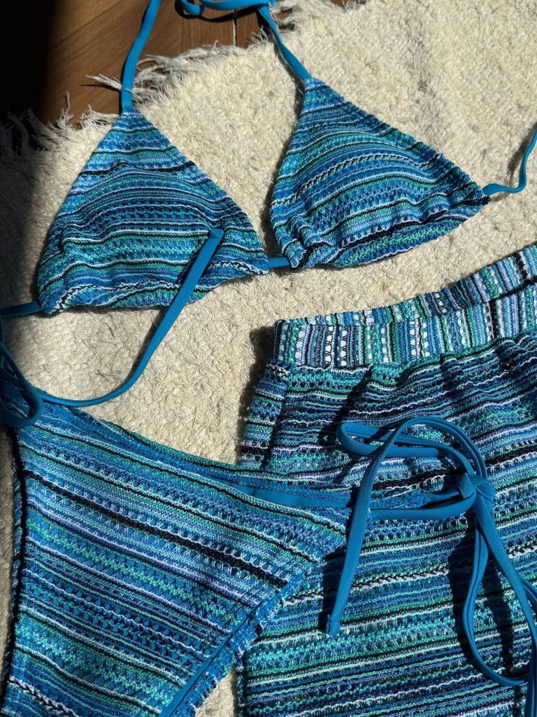 1960s Knitted Striped Halter Triangle Bikini Set - vintage fashion, retro style