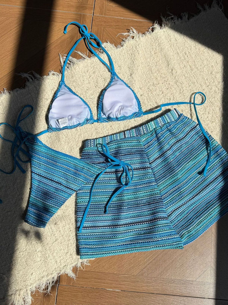 1960s Knitted Striped Halter Triangle Bikini Set - vintage fashion, retro style
