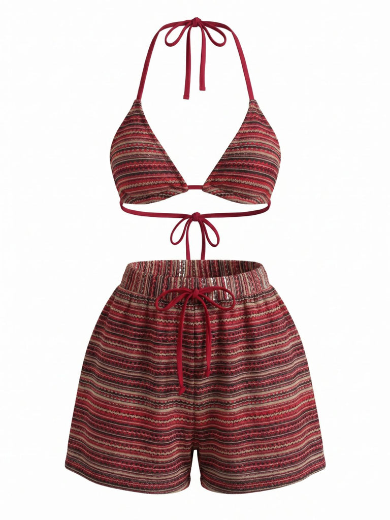 1960s Knitted Striped Halter Triangle Bikini Set - vintage fashion, retro style