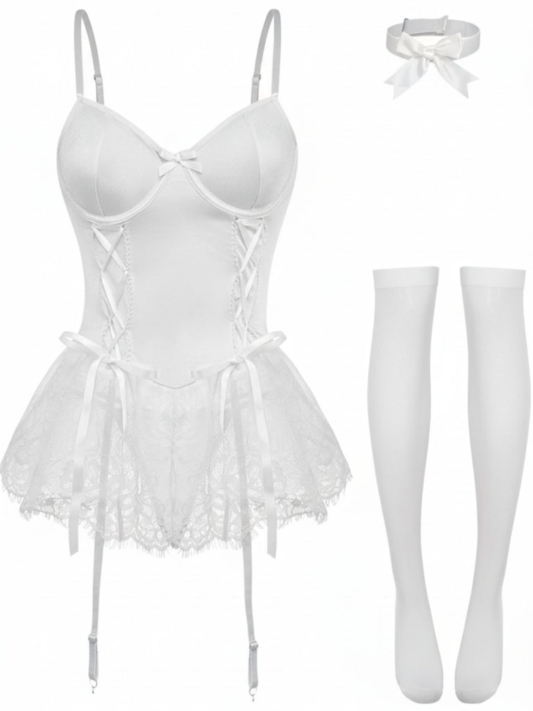 1960s Lace Trimmed Corset Bodysuit Set - vintage fashion, retro style