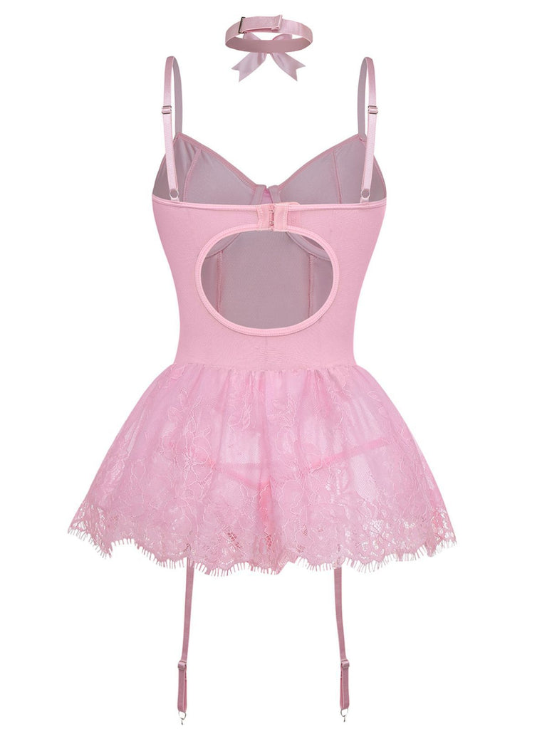 1960s Lace Trimmed Corset Bodysuit Set - vintage fashion, retro style