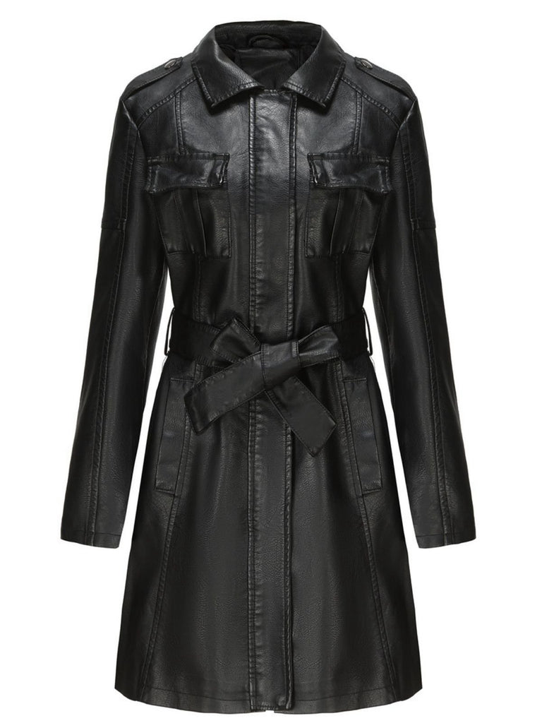 1960s Lapel Belted Long Leather Jacket - vintage fashion, retro style