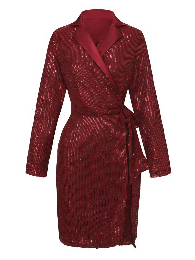 1960s Lapel Sequin Waist Tie Long Jacket - vintage fashion, retro style