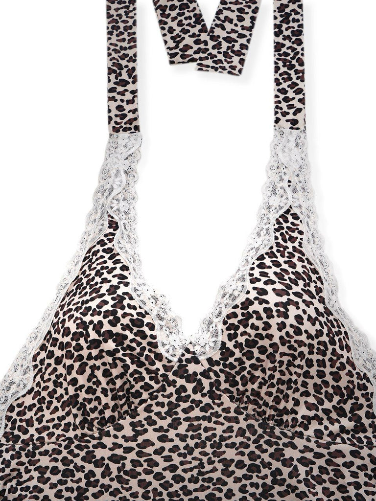 1960s Leopard Print Lace Trim Halter Nightgown - vintage nightgown, retro sleepwear
