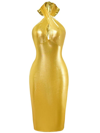1960s Metallic Halter Keyhole Bodycon Dress - vintage dress, retro fashion