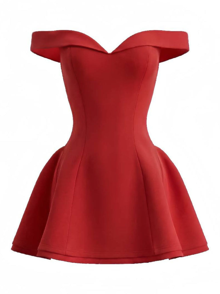 1960s Off-Shoulder Fit Solid Mini Dress - vintage dress, retro fashion