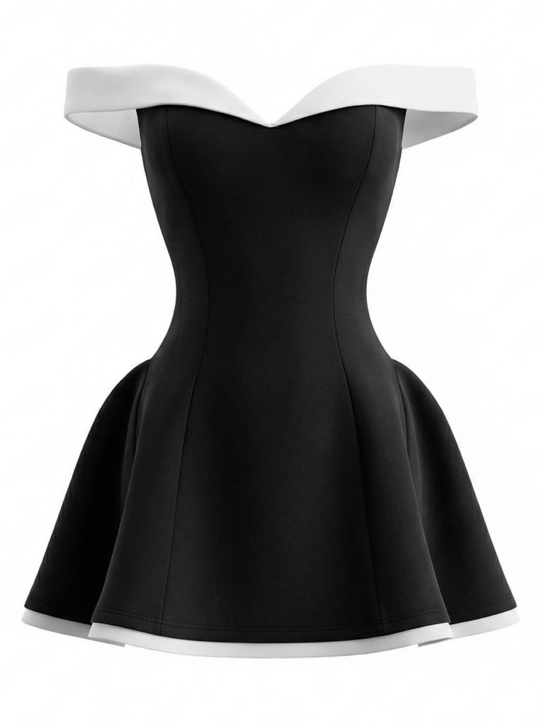 1960s Off-Shoulder Fit Solid Mini Dress - vintage dress, retro fashion