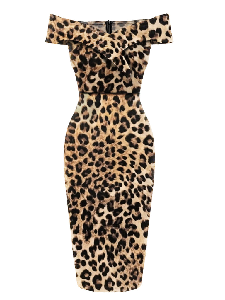 1960s Off-shoulder Leopard Pencil Dress: where 1960s romance meets her modern spirit