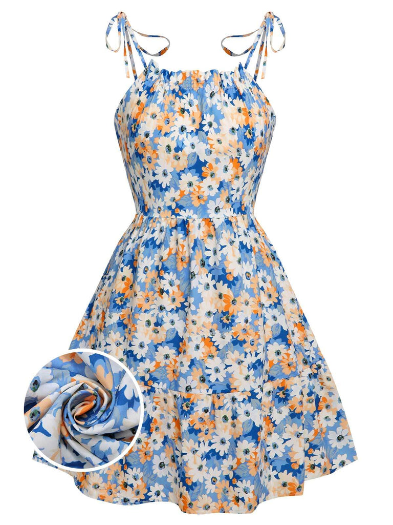 She slips into this 1960s Oil Painting Daisy Shoulder Tie Dress and suddenly it's a 1960s daydream