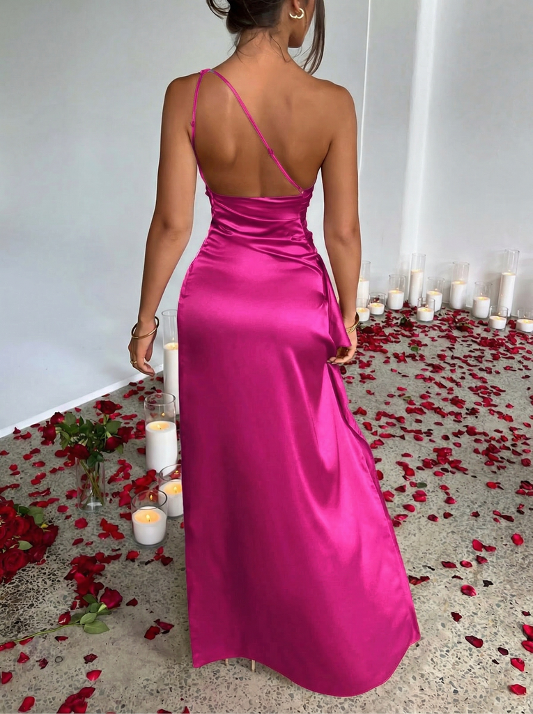 1960s One Shoulder Ruched Slit Satin Dress - vintage dress, retro fashion