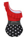 1960s One-Shoulder Ruffles Polka Dots Swimsuit: 1960s Riviera elegance, reimagined for her