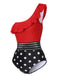 This 1960s One-Shoulder Ruffles Polka Dots Swimsuit carries 1960s vacation dreams in every stitch