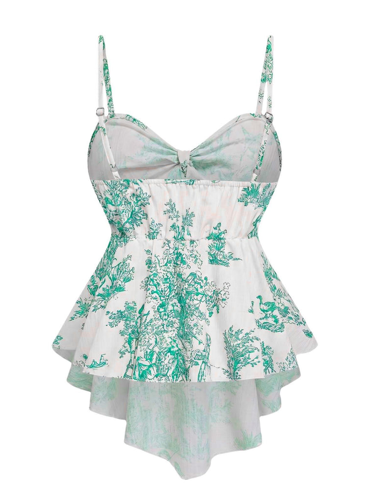 1960s Porcelain Print Spaghetti Strap Belted Top, vintage top, retro blouse - perfect for women who love vintage and retro fashion