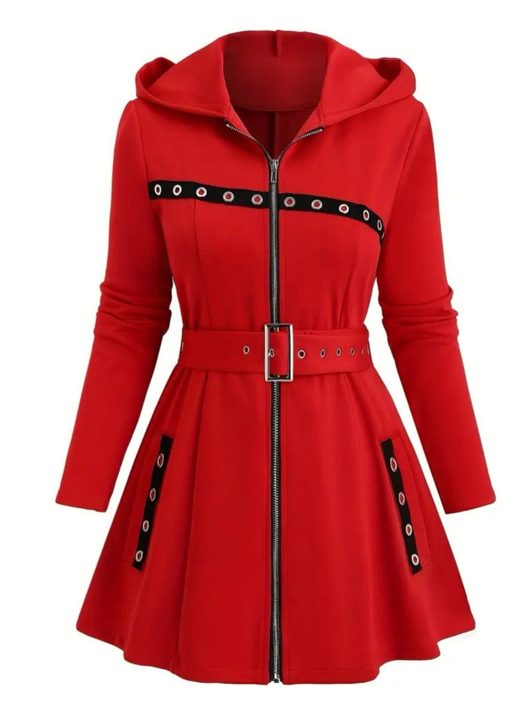 1960s Punk Hooded Zipper Belted Midi Jacket - vintage fashion, retro style