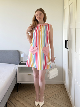 1960s Rainbow Stripe Heart Pocket Dress, vintage dress, retro fashion - perfect for women who love vintage and retro fashion
