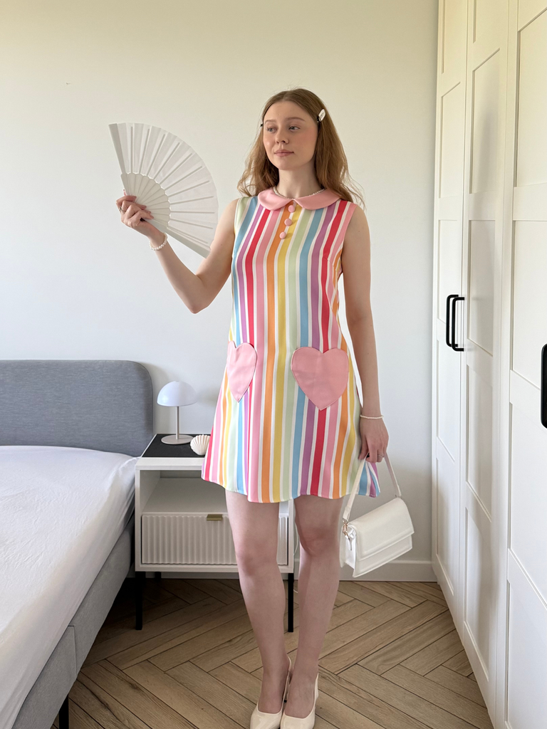1960s Rainbow Stripe Heart Pocket Dress, vintage dress, retro fashion - perfect for women who love vintage and retro fashion