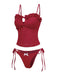 Red 1960s Embroidered Cutout Ruffled Side-Tie Tankini Set - vintage fashion, retro style, elegant red