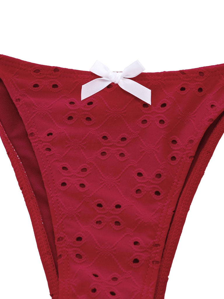 Red 1960s Embroidered Cutout Ruffled Side-Tie Tankini Set - vintage fashion, retro style, elegant red