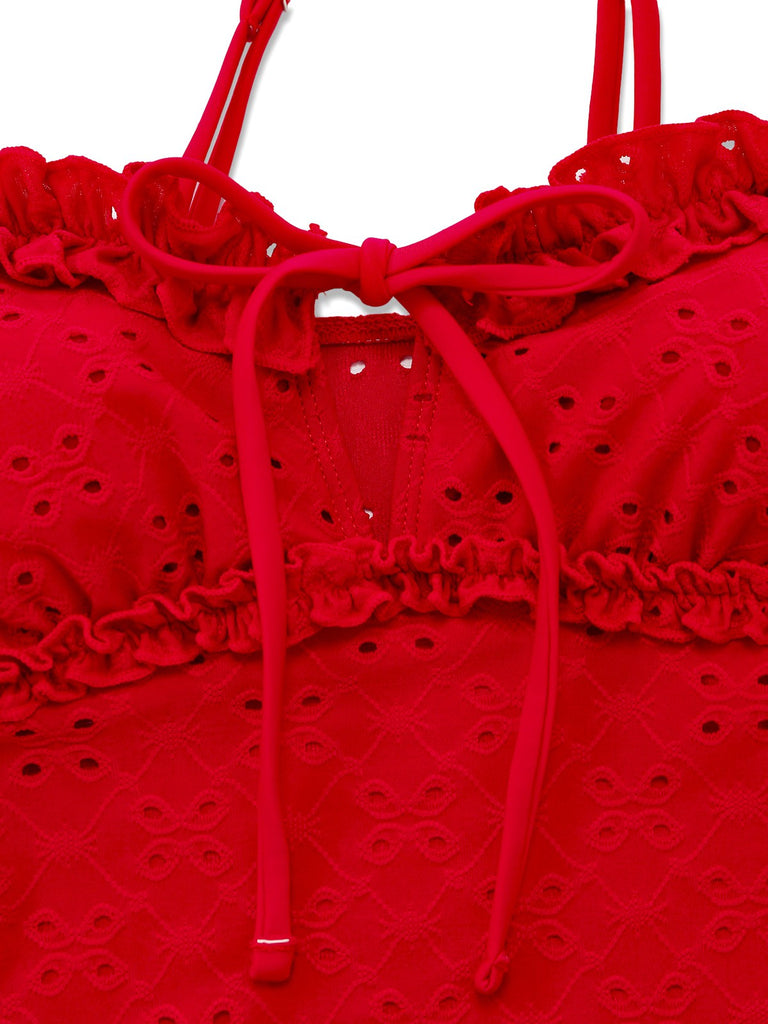 Red 1960s Embroidered Cutout Ruffled Side-Tie Tankini Set - vintage fashion, retro style, elegant red