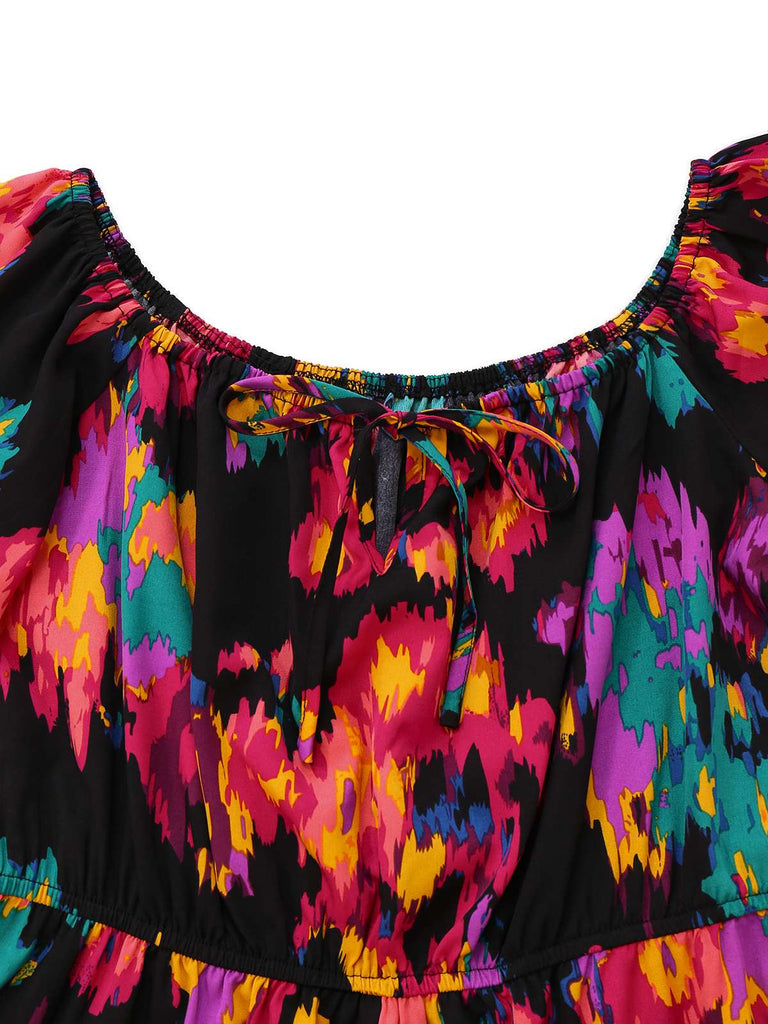 Multicolor 1960s Abstract Paints Ruffle Off-Shoulder Romper - vintage jumpsuit, retro fashion