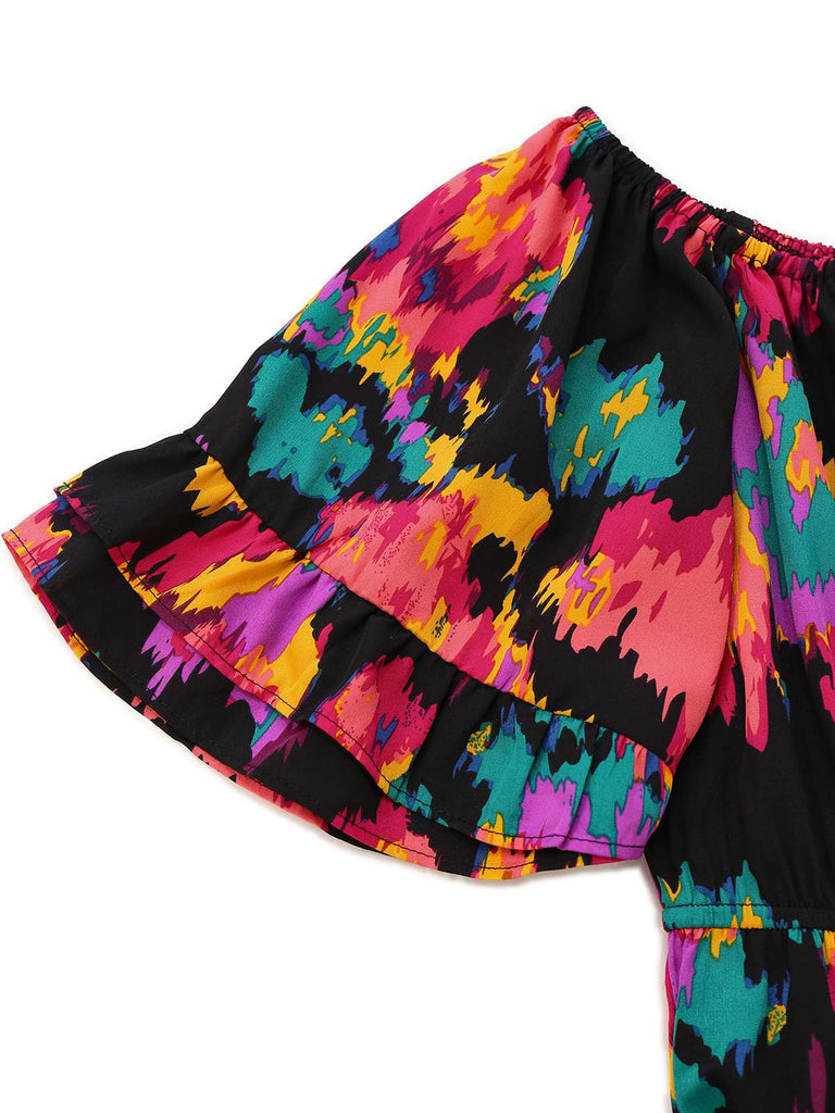 Multicolor 1960s Abstract Paints Ruffle Off-Shoulder Romper - vintage jumpsuit, retro fashion