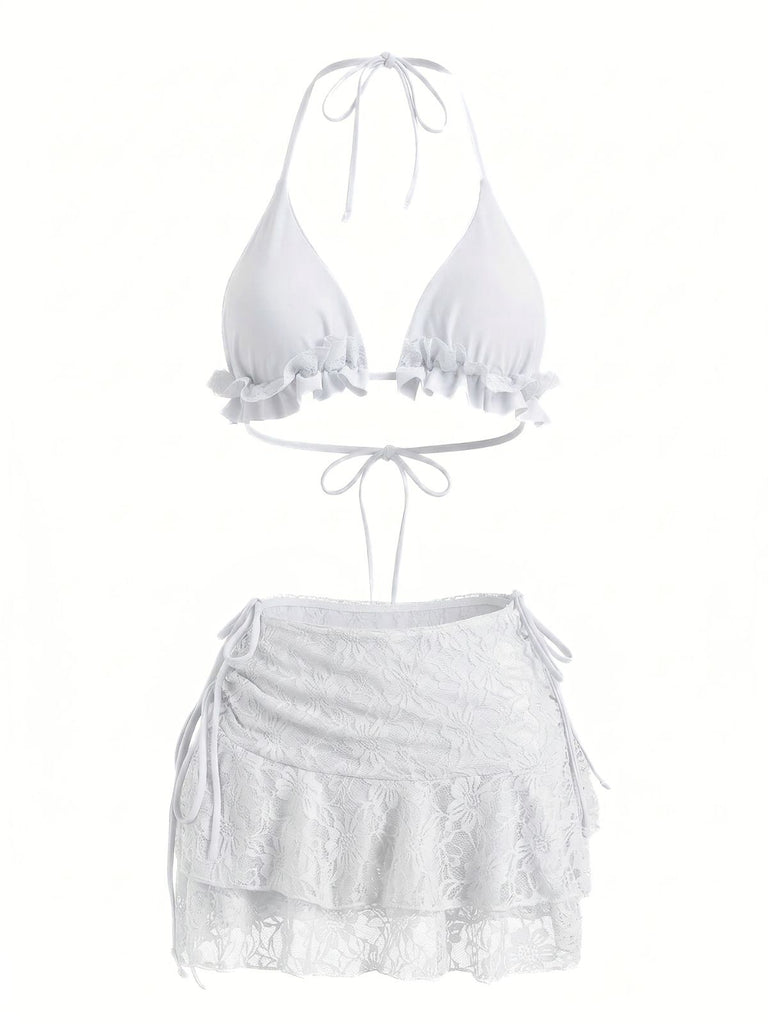 1960s Ruffled Halter Bikini Set & Floral Lace Cover-Up - vintage swimwear, retro swimsuit, pin-up style for vintage lovers
