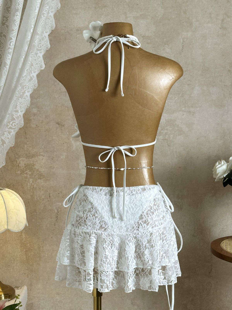 1960s Ruffled Halter Bikini Set & Floral Lace Cover-Up | vintage swimwear, retro swimsuit, pin-up style - perfect for retro fashion enthusiasts
