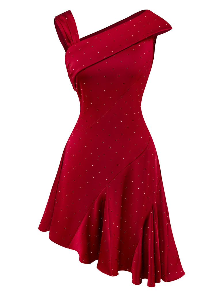 Wine Red 1960s Satin Rhinestone Off-Shoulder Dress - vintage dress, retro fashion, elegant red