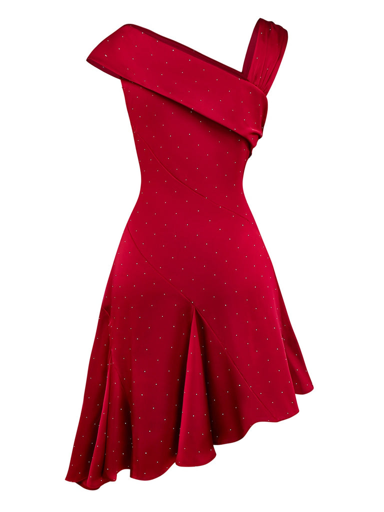 Wine Red 1960s Satin Rhinestone Off-Shoulder Dress - vintage dress, retro fashion, elegant red