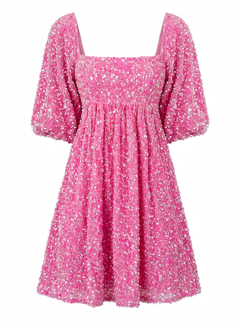 1960s Sequin Square Neck Puff Sleeve Tie Backless Dress, vintage dress, retro fashion - perfect for women who love vintage and retro fashion
