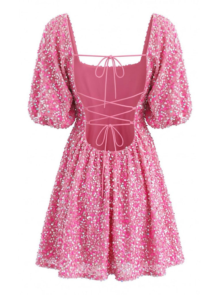 1960s Sequin Square Neck Puff Sleeve Tie Backless Dress, vintage dress, retro fashion - perfect for women who love vintage and retro fashion