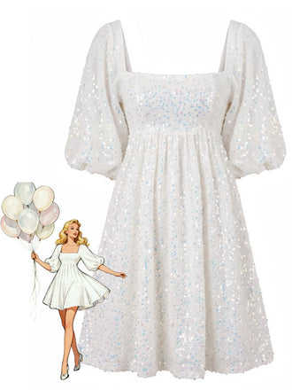 1960s Sequin Square Neck Puff Sleeve Tie Backless Dress, vintage dress, retro fashion - perfect for women who love vintage and retro fashion