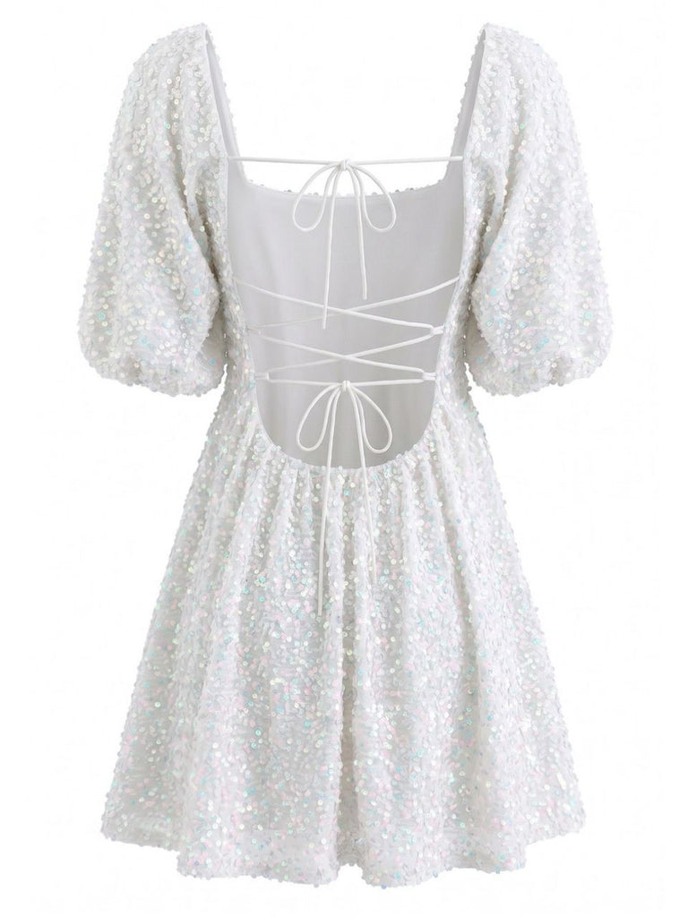 1960s Sequin Square Neck Puff Sleeve Tie Backless Dress, vintage dress, retro fashion - perfect for women who love vintage and retro fashion