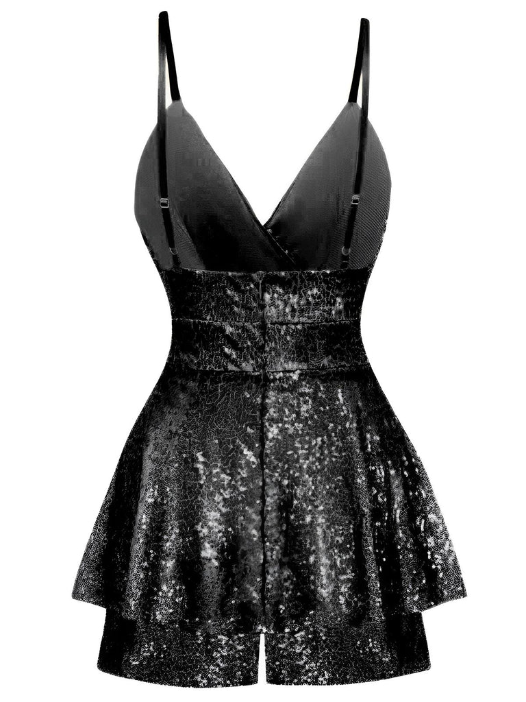 1960s Sequined Strappy V-Neck Culotte Romper - vintage jumpsuit, retro fashion