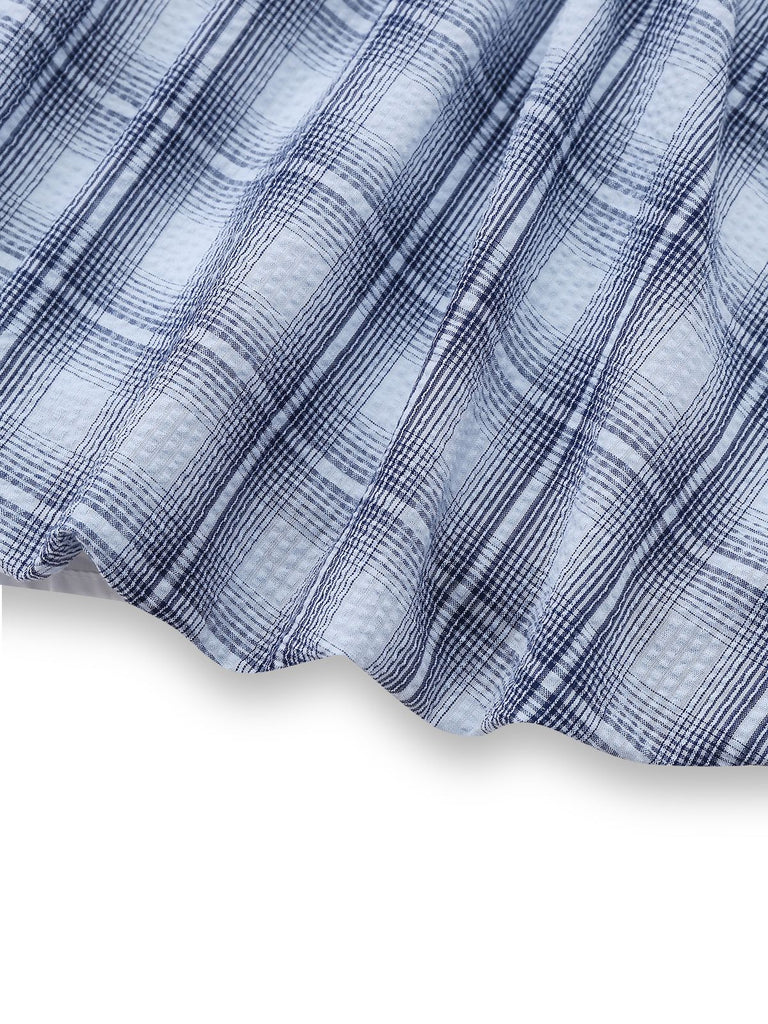 2pcs Blue 1960s One-Shoulder Plaid Top & Ruched Waist Skirt - vintage skirt, retro style