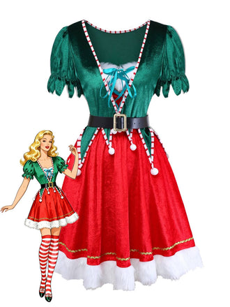1960s Christmas Green V-Neck Top & Red Fur Trimmed Skirt - vintage skirt, retro style, elegant red