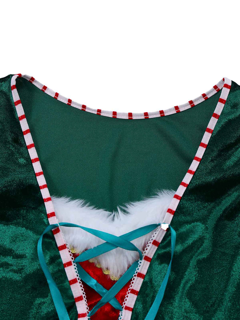 1960s Christmas Green V-Neck Top & Red Fur Trimmed Skirt - vintage skirt, retro style, elegant red
