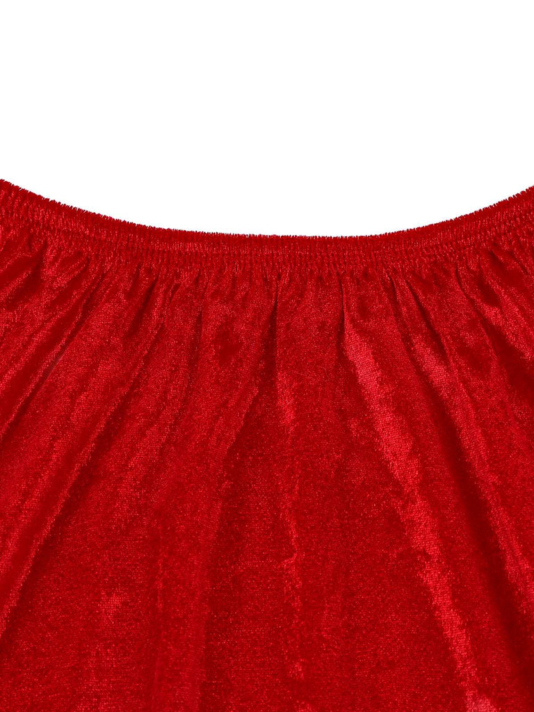 1960s Christmas Green V-Neck Top & Red Fur Trimmed Skirt - vintage skirt, retro style, elegant red