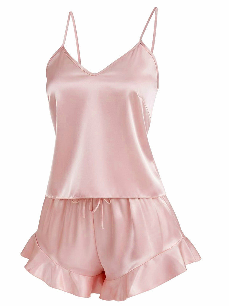 1960s Slip Ruffle Satin Pajama Set - vintage fashion, retro style