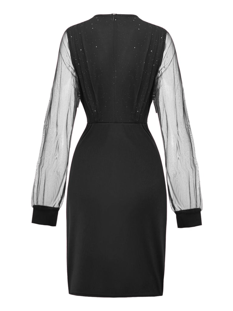 1960s Solid Glitter V-Neck Mesh Bodycon Dress - vintage dress, retro fashion