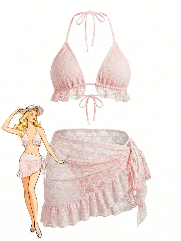 1960s Solid Halter Lace Bikini Set & Ruffle Cover-Up - vintage fashion, retro style