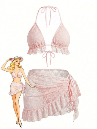 1960s Solid Halter Lace Bikini Set & Ruffle Cover-Up - vintage fashion, retro style