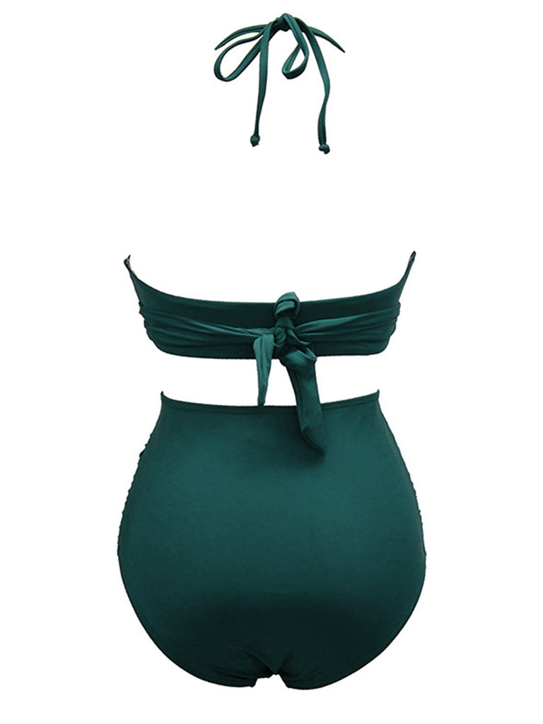 This 1960s Solid Halter Lace-Up Swimsuit carries 1960s vacation dreams in every stitch